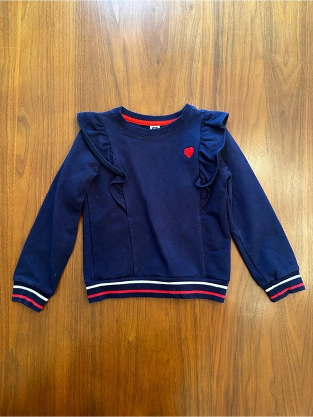 Janie & Jack Girls Navy Ruffle Sweatshirt with Red Heart Accent Patriotic size 5
